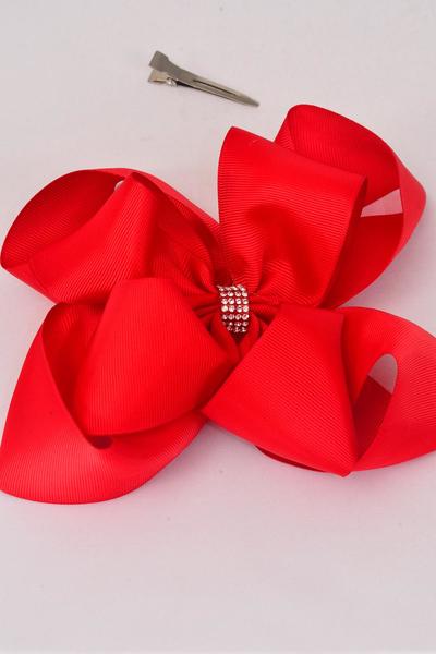 Hair Bow Cheer type Bow Double Layered Red Grosgrain Bow-tie / 12 pcs Bow = Dozen  Red , Alligator Clip , Size - 6.5" x 6.5" Wide , Clip Strip & UPC Code