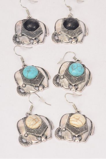 Earrings Metal Antique Elephant Semiprecious Stone / 12 pair = Dozen  Fish Hook , Size - 1" x 1" Wide , 4 Black , 4 Ivory , 4 Turquoise Asst , Earring Card & OPP Bag & UPC Code