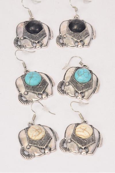 Earrings Metal Antique Elephant Semiprecious Stone / 12 pair = Dozen  Fish Hook , Size - 1" x 1" Wide , 4 Black , 4 Ivory , 4 Turquoise Asst , Earring Card & OPP Bag & UPC Code