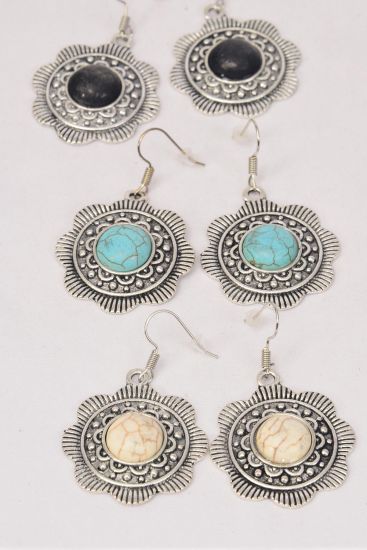 Earrings Metal Antique Western Look  Semiprecious Stone / 12 pair = Dozen Fish Hook , Size - 1" Wide , 4 Black , 4 Ivory , 4 Turquoise Asst , Earring Card & OPP Bag & UPC Code