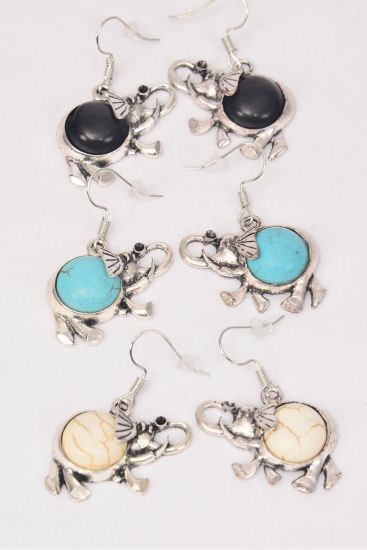 Earrings Metal Antique Elephant Semiprecious Stone / 12 pair = Dozen Fish Hook , Size - 1.25" x 1" Wide , 4 Black , 4 Ivory , 4 Turquoise Asst , Earring Card & OPP Bag & UPC Code