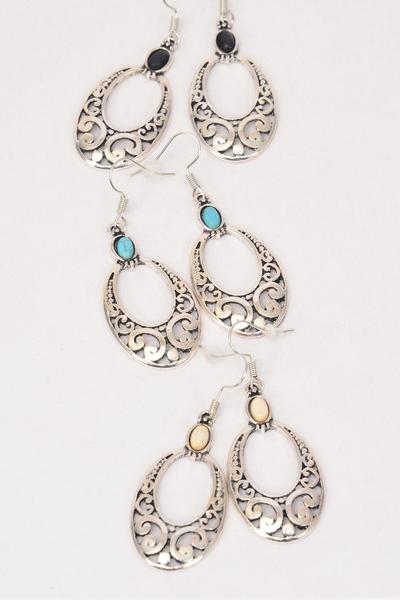 Earrings Metal Antique Oval Western Like Semiprecious Stone / 12 pair = Dozen Fish Hook , Size - 1.5" x 1.25" Wide , 4 Black , 4 Ivory , 4 Turquoise Asst , Earring Card & OPP Bag & UPC Code -