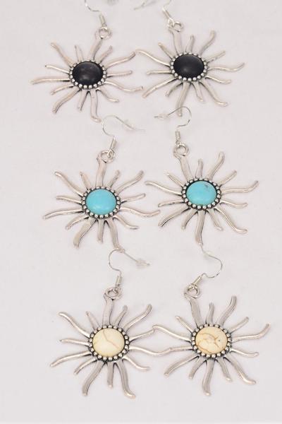 Earrings Metal Antique Sun Western Like Semiprecious Stone / 12 pair = Dozen Match 70312 Fish Hook , Size - 1.75" x 1.25" Wide , 4 Black , 4 Ivory , 4 Turquoise Asst , Earring Card & OPP Bag & UPC Code