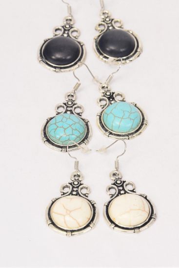 Earrings Metal Antique Semiprecious Stone / 12 pair = Dozen Fish Hook , Size - 1.25" x 1" Wide , 4 Black , 4 Ivory , 4 Turquoise Asst , Earring Card & OPP Bag & UPC Code -