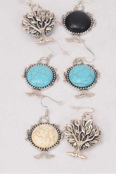 Earrings Metal Antique Tree Of Life Semiprecious Stone / 12 pair = Dozen Fish Hook , Size - 1.25" x 1" Wide , 4 Black , 4 Ivory , 4 Turquoise Asst , Earring Card & OPP Bag & UPC Code 