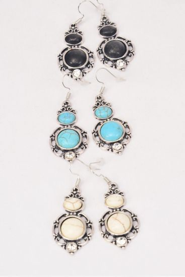 Earrings Metal Antique Dangle Semiprecious Stone / 12 pair = Dozen Fish Hook , Size -1.5" x 1" Wide , 4 Black , 4 Ivory , 4 Turquoise Asst , Earring Card & OPP Bag & UPC Code -