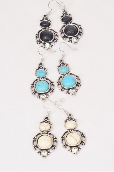 Earrings Metal Antique Dangle Semiprecious Stone / 12 pair = Dozen Fish Hook , Size -1.5" x 1" Wide , 4 Black , 4 Ivory , 4 Turquoise Asst , Earring Card & OPP Bag & UPC Code -