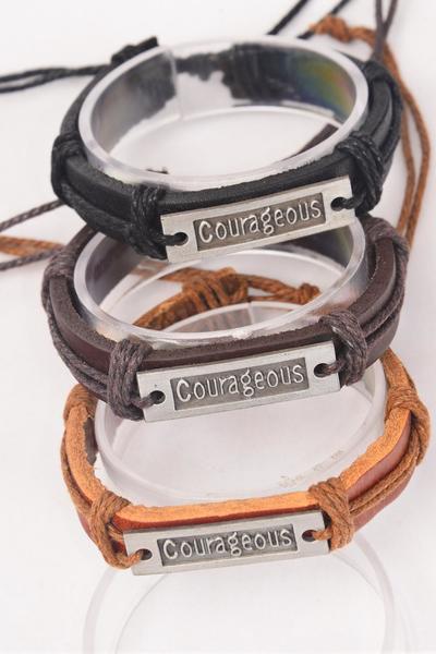 Bracelet Real Leather Band Courageous / 12 pcs = Dozen  Unisex , Adjustable , 4 of each Pattern Mix , Individual Hang tag & OPP Bag & UPC Code