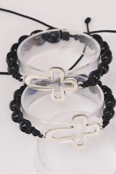 Bracelet Sideways Cross 10 mm Glass Bead Black / 12 pcs = Dozen Black , Adjustable , Hang Tag & OPP Bag & UPC Code