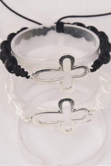 Bracelet Sideways Cross 10 mm Glass Bead Black White Frost Color Mix / 12 pcs = Dozen Adjustable , 6 Black , 6 White Frost Color Asst , Hang Tag & OPP Bag & UPC Code