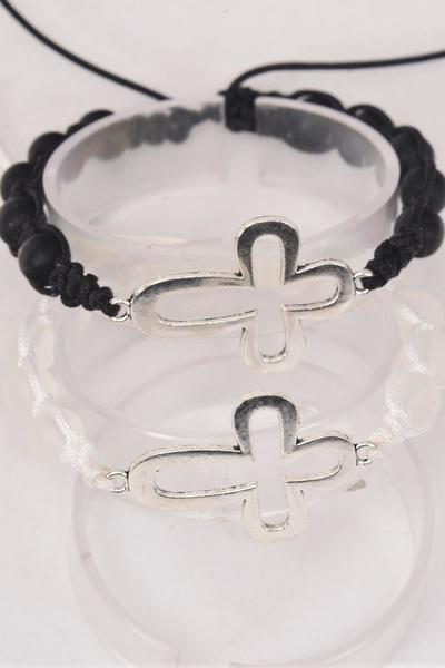 Bracelet Sideways Cross 10 mm Glass Bead Black White Frost Color Mix / 12 pcs = Dozen Adjustable , 6 Black , 6 White Frost Color Asst , Hang Tag & OPP Bag & UPC Code