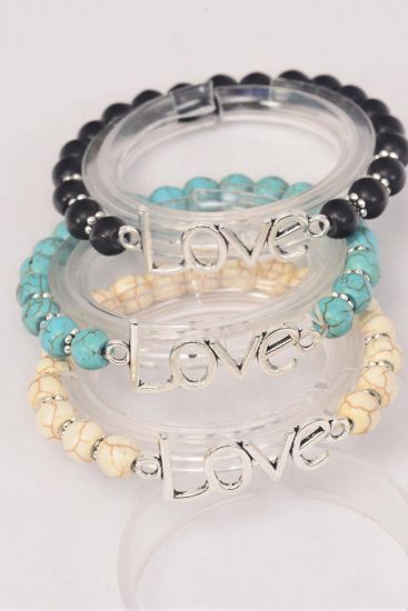 Bracelet Love Words Stretch 8 mm Semiprecious Stone / 12 pcs = Dozen Stretch , 4 Black , 4 Ivory , 4 Turquoise Asst , Hang Tag & OPP Bag & UPC Code