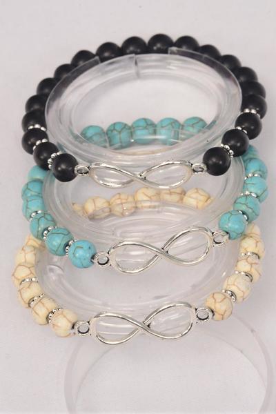 Bracelet Stretch Infinity Symbol 8 mm Semiprecious Stone / 12 pcs = Dozen Stretch , 4 Black , 4 Ivory , 4 Turquoise Asst , Hang Tag & OPP Bag & UPC Code