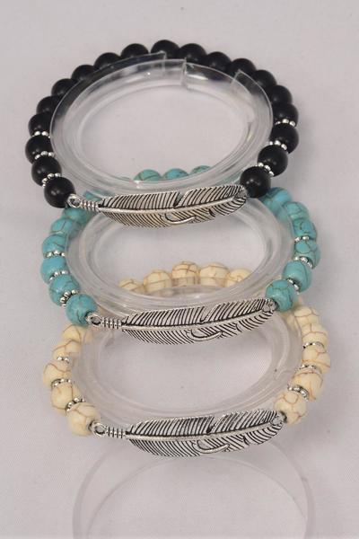 Bracelet Feather Symbol 8 mm Semiprecious Stone Stretch / 12 pcs = Dozen Stretch , 4 Of each Pattern Asst , Hang Tag and OPP Bag & UPC Code                                       