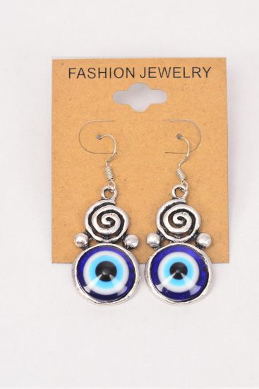 Earrings Metal Antique Blue Venetian Glass Spiral Hamsa Evil Eye Spiral Symbol Good luck and Protection / 12 pair = Dozen Fish Hook , Size - 1.25" x 0.75" Wide , Earring Card & OPP Bag & UPC Code