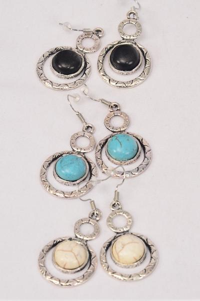 Earrings Metal Antique Round Dangle Semiprecious Stone / 12 pair = Dozen  match 76010 Fish Hook , Size - 1.5" x 1" Wide , 4 Black , 4 Ivory , 4 Turquoise Asst , Earring Card & OPP Bag & UPC Code 