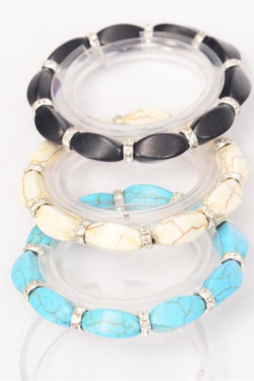 Bracelet 12 mm Semiprecious Stone Rhinestone Bezel Mix Stretch / 12 pcs = Dozen Stretch , 4 Black , 4 Ivory , 4 Turquoise Color Asst , Hang Tag & Opp Bag & UPC Code 