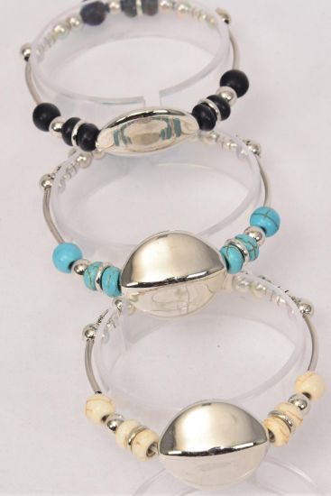 Bracelet Western Like Semiprecious Stone Silver Block Stretch / 12 pcs = Dozen  Stretch , 4 Black , 4 Ivory ,4 Turquoise Asst , Hang Tag & Opp Bag & UPC Code