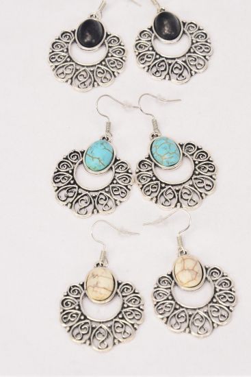 Earrings Metal Antique Filigree Like Semiprecious Stone / 12 pair = Dozen match 70079 Fish Hook , Size -1.5" x 1.25" Wide , 4 Black , 4 Ivory , 4 Turquoise Asst , Earring Card & OPP Bag & UPC Code