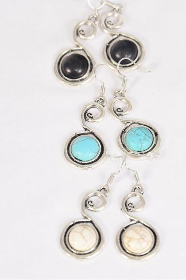 Earrings Metal Antique Swirl Semiprecious Stone / 12 pair = Dozen match 76015 Fish Hook , Size - 1.5" x 1" Wide , 4 Black , Ivory , 4 Turquoise Asst , Earring Card & OPP Bag & UPC Code 