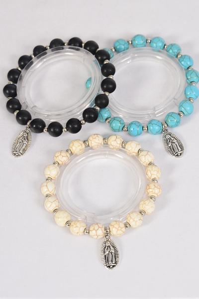 Bracelet 10 mm Semiprecious Stone Mother Virgin Mary Charm Stretch / 12 pcs = Dozen Stretch , 4 Black , 4 Ivory , 4 Turquoise Asst , Hang Tag and OPP Bag and UPC Code