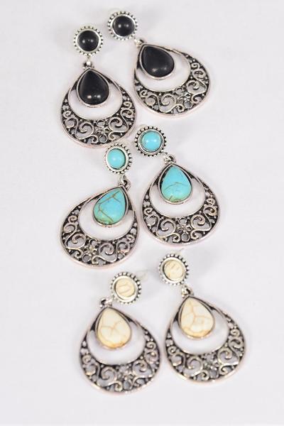 Earrings Metal Antique Teardrop Semiprecious Stone / 12 pair = Dozen Fish Hook , Size - 1.75" x 1" Wide , 4 Black , 4 Ivory , 4 Turquoise Asst , Earring Card & OPP Bag & UPC Code