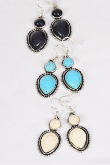 Earrings Metal Antique Teardrop Western Like Semiprecious Stone / 12 pair = Dozen  Fish Hook , Size - 1.25" x  0.75" Wide , 4 Black , 4 Ivory , 4 Turquoise Asst , Earring Card & OPP Bag & UPC Code -