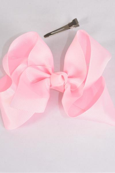 Hair Bow Jumbo Baby Pink Grosgrain Bow-tie / 12 pcs Bow = Dozen Pearl Pink , Alligator Clip , Size - 6" x 5" Wide , Clip Strip & UPC Code