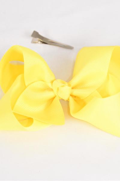 Hair Bow Jumbo Baby Yellow Grosgrain Bow-tie / 12 pcs Bow = Dozen Baby Yellow , Alligator Clip , Size - 6" x 5" Wide , Clip Strip & UPC Code