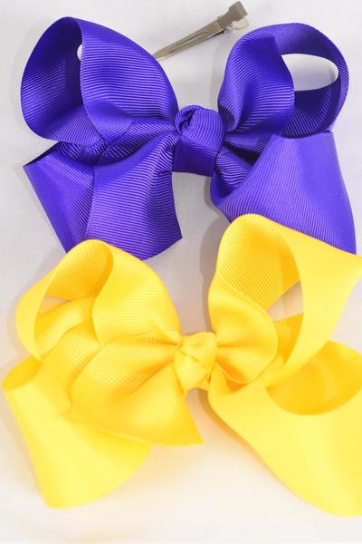 Hair Bow Jumbo Purple & Yellow Alligator Clip Grosgrain Bow-tie / 12 Pcs Bow = Dozen Alligator Clip , Size - 6" x 5" Wide , 6 of each Pattern Asst , Clip Strip & UPC Code