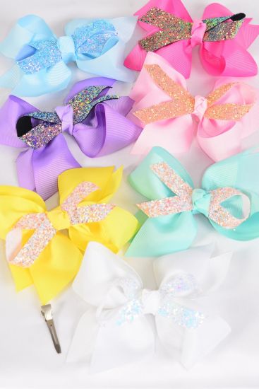 Hair Bow Jumbo Pastel Center Metallic Bowtie Grosgrain Bow-tie / Dozen Alligator Clip , Size - 6" x 5" Wide , 2 White , 2 Pink , 2 Yellow , 2 Lavender , 2 Blue , 1 Hot Pink , 1 Mint Color Mix , Clip Strip & UPC Code