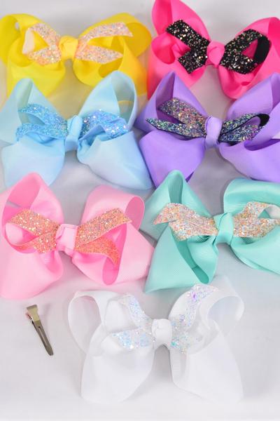 Hair Bow Jumbo Center Metallic Bowtie Grosgrain Bowtie Pastel /  12 pcs Bow = Dozen Alligator Clip , Size - 6" x 5" Wide , 2 White , 2 Pink , 2 Yellow , 2 Lavender , 2 Blue , 1 Hot Pink , 1 Green Color Mix , Clip Strip & UPC Code