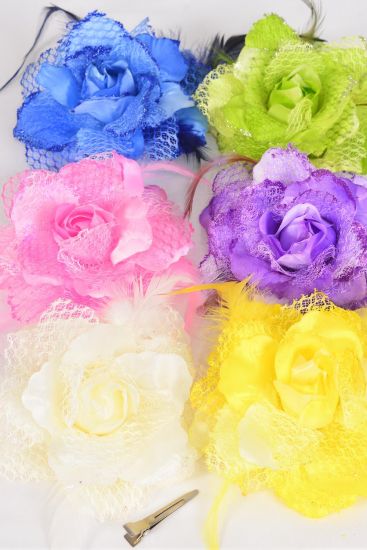 Flower Silk Flower Rose Mesh & Feathers Alligator Clip & Brooch Pastel / 12 pcs Flower = Dozen  Size-5" Wide , 2 of each Color Asst , Alligator Clip & Brooch ,  Display Card & UPC Code, W Clear Box .