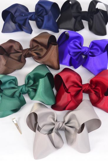 Hair Bow Extra Jumbo Cheer Type Bow Dark Multi Alligator Clip Grosgrain Bow-tie /12 pcs Bow = Dozen  Alligator Clip , Size - 8" x 7" , 2 Black , 2 Navy , 2 Burgundy , 2 Hunter Green , 2 Brown ,1 Gray ,1 Purple Mix , Clip Strip & UPC Code