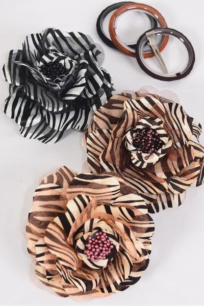 Flower Silk Flower Large Rose Zebra Print / 12 pcs Flower = Dozen Zebra , Size - 5.5" Wide , Alligator Clip & Elastic Pony & Brooch , 6 Black , 3 Dark Brown , 3 Light Brown Mix , Display Card & UPC Code , Clear Box