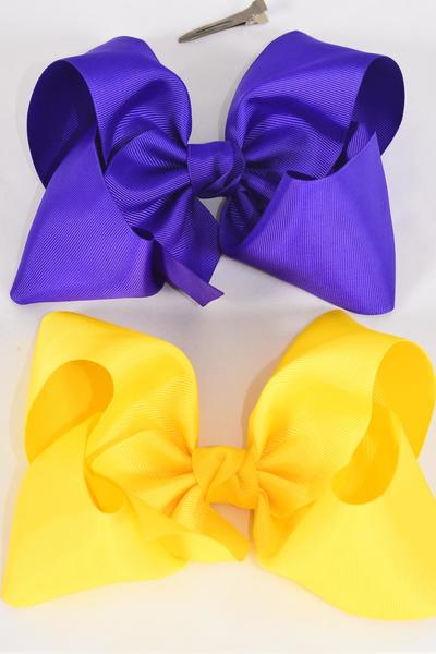 Hair Bow Jumbo Purple Yellow Mix Grosgrain Bow-tie / 12 pcs Bow = Dozen Alligator Clip , Size - 6" x 5" Wide , 6 Purple , 6 Yellow Color Asst , Clip Strip & UPC Code