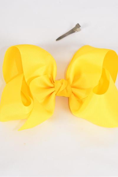 Hair Bow Extra Jumbo Cheer Type Bow Daffodil Yellow Grosgrain Bow-tie / 12 pcs Bow = Dozen  Daffodil Yellow , Alligator Clip , Size - 8" x 7" Wide , Clip Strip & UPC Code