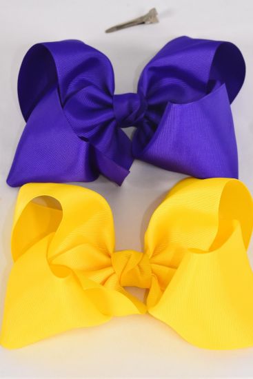 Hair Bow Extra Jumbo Cheer Type Bow Purple Yellow Mix Grosgrain Bow-tie / 12 pcs Bow = Dozen Alligator Clip , Size - 8" x 7" Wide , 6 Purple , 6 Yellow Color Asst , Clip Strip & UPC Code