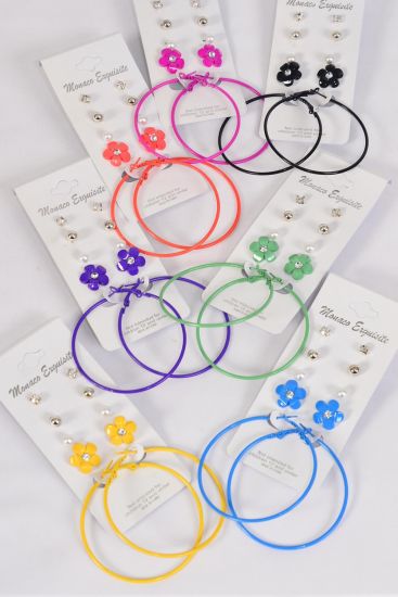 Earrings 5 Pair Hoop Studs Flower Mix Multi / 60 pair = Dozen  Post , Hoop - 2.25" Wide , 2 Yellow, 2 Bk , 2 Blue, 2 Fuchsia , 1 Orange , 2 Purple , 1 Green Mix , Opp Bag & UPC Code , 5 pair Card , 12 Card = Dozen