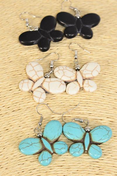 Earrings Butterfly Hand Carved Double Sided Real Semiprecious Stone / 12 pair = Dozen    Fish Hook , Size - 1.25" x 1" Wide , 4 Black , 4 Ivory , 4 Turquoise Asst , Earring Card & OPP Bag & UPC Code