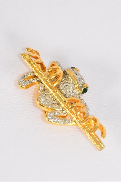 Brooches Frog Flute Rhinestones / 12 pcs = Dozen Size - 2.25" x 1.25" Wide , Display Card & OPP Bag