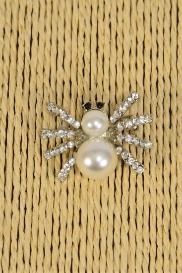 Brooch Spider Pearl Rhinestones Silver / 12 PCS = Dozen Silver , Size - 1.25" x 1" Wide , Display Card & OPP Bag & UPC Code