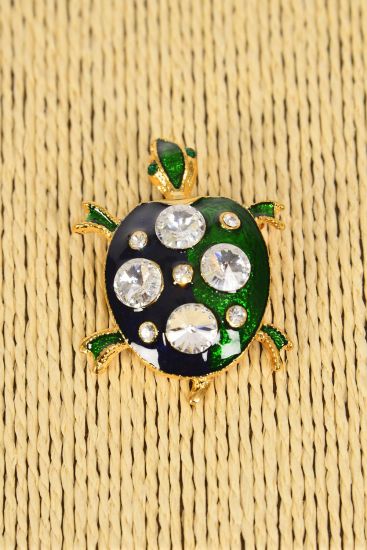 Brooch Enamel Turtle Rhinestones / 12 pcs = Dozen Size - 2" x 1.5" Wide , Display Card & OPP Bag