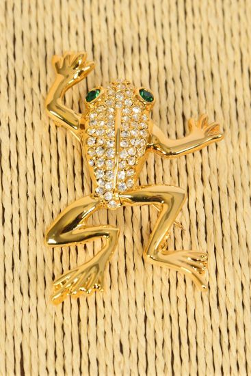 Brooch Gold Frog Rhinestones / 12 pcs = Dozen Size - 2.5" x 1.75" Wide , Display Card & OPP Bag