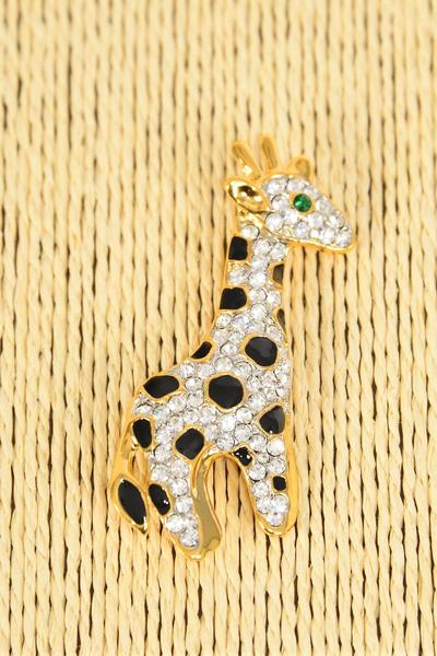 Brooch Giraffe Enamel Rhinestones / 12 pcs = Dozen Size - 2.5" x 1" Wide , Display Card & OPP Bag