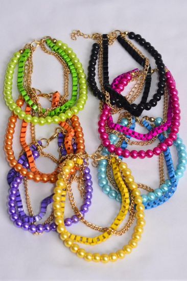 Bracelet 8 mm Glass Pearl w Chain Mix Multi / 12 pcs = Dozen Adjustable Length , 2 Black , 2 Blue , 2 Fuchsia , 2 Purple , 2 Orange , 1 Lime , 1 Yellow Color Mix , Hang Tag & OPP bag & UPC Code 