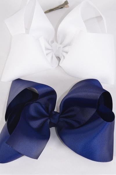 Hair Bow Jumbo Navy White Mix Grosgrain Bow-tie / 12 pcs Bow = Dozen  Alligator Clip , Size - 6" x 5" Wide , 6 of each Color Asst , Clip Strip &UPC Code