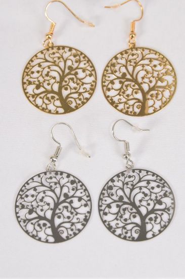 Earrings Laser Cut Stainless Steel Tree of Life Gold Silver Mix / 12 pair = Dozen Fish Hook , Size-1.25" Wide , 6 Silver , 6 Gold Mix , Earring Card & OPP bag & UPC Code