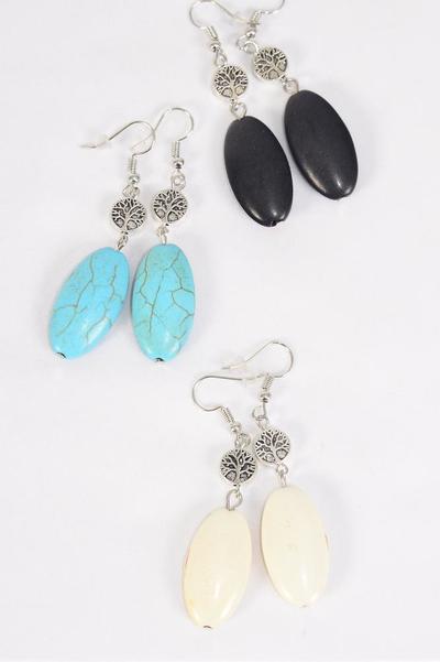 Earrings Tree of life Oval Semiprecious Stone / 12 pair = Dozen Fish Hook , Size - 1.75" x 0.75" Wide , 4 Black , 4 Ivory , 4 Turquoise Asst , Earring Card & OPP Bag & UPC Code 