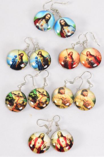 Earrings Crucifix Double Sided Glass Dome / 12 pair = Dozen  Fish Hook ,  Size-0.75" Wide , 2 of each Pattern Asst , Earring Card & OPP Bag & UPC Code